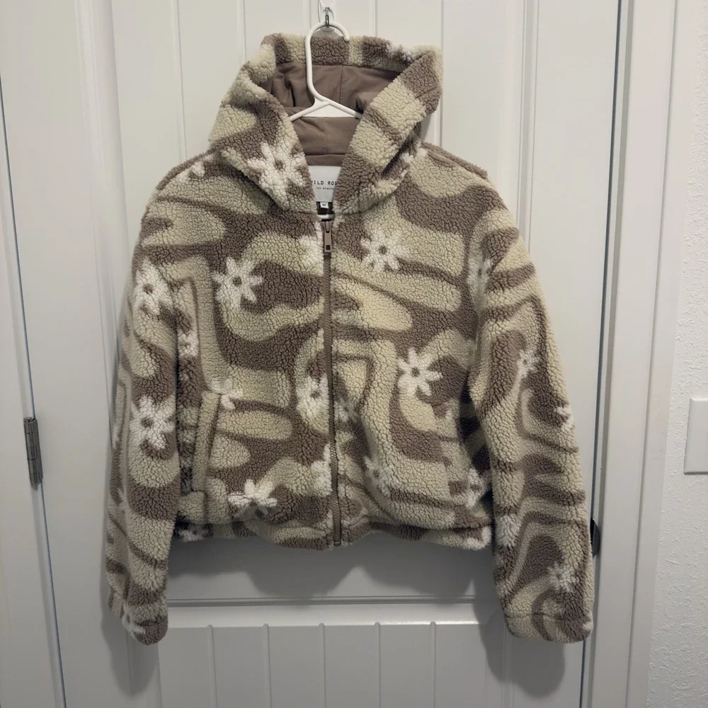 Wild Rose Women's Full Zip Hooded Sherpa Coat Flower Design Size Medium